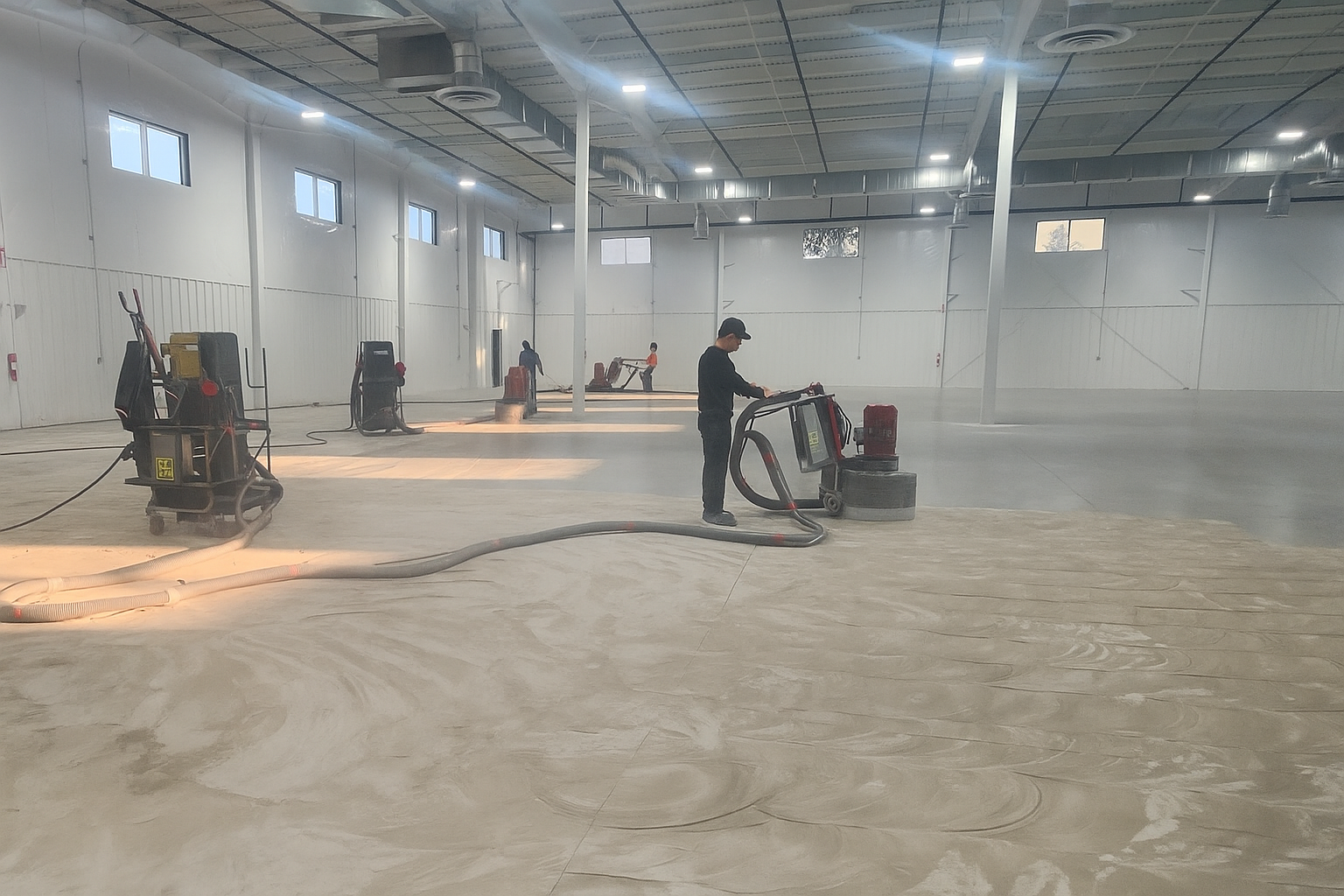 PrimeTime Epoxy team in black shirts working on commercial floor installation